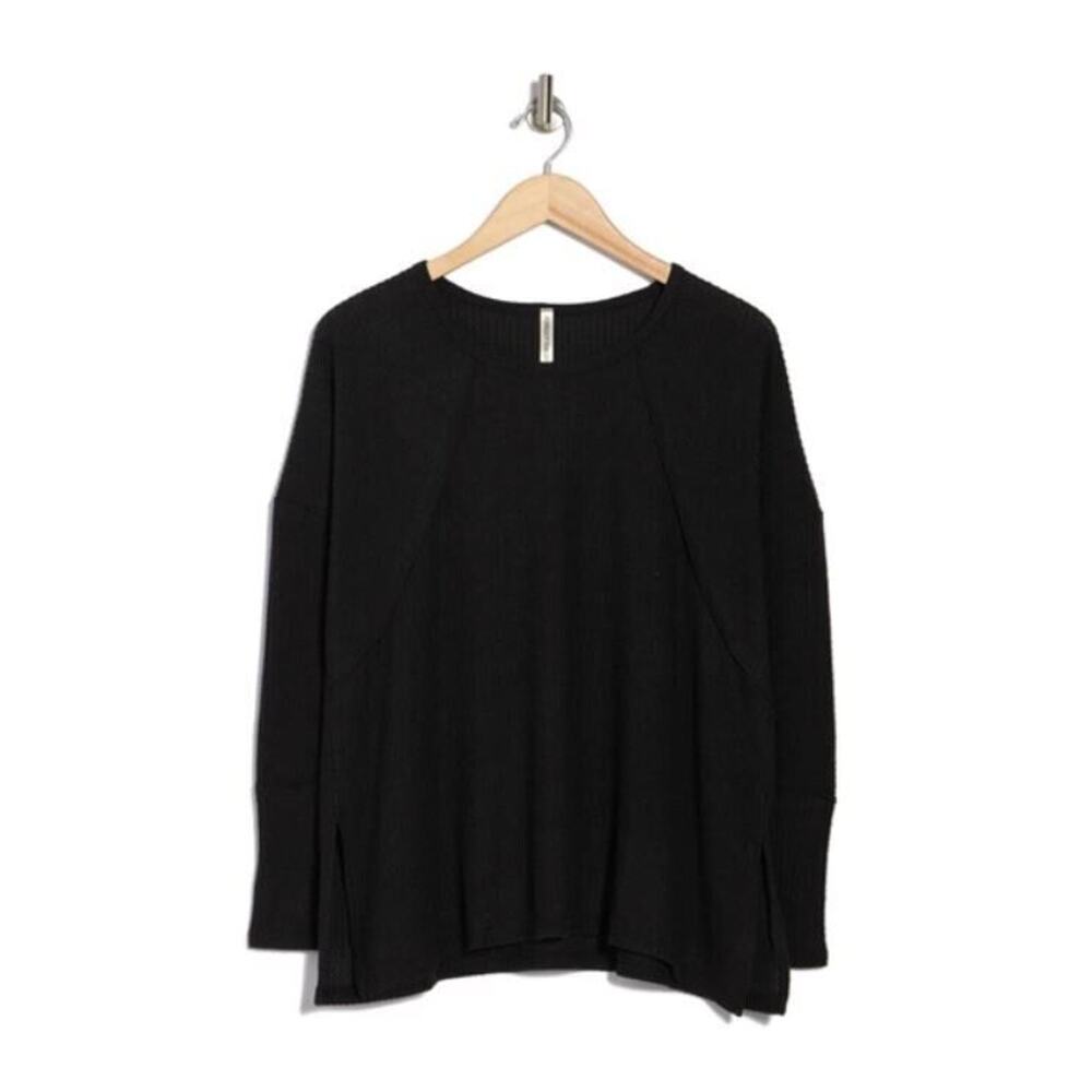 Forgotten Grace Womens Long Sleeve Crewneck Oversized Thermal Tee in Black Small